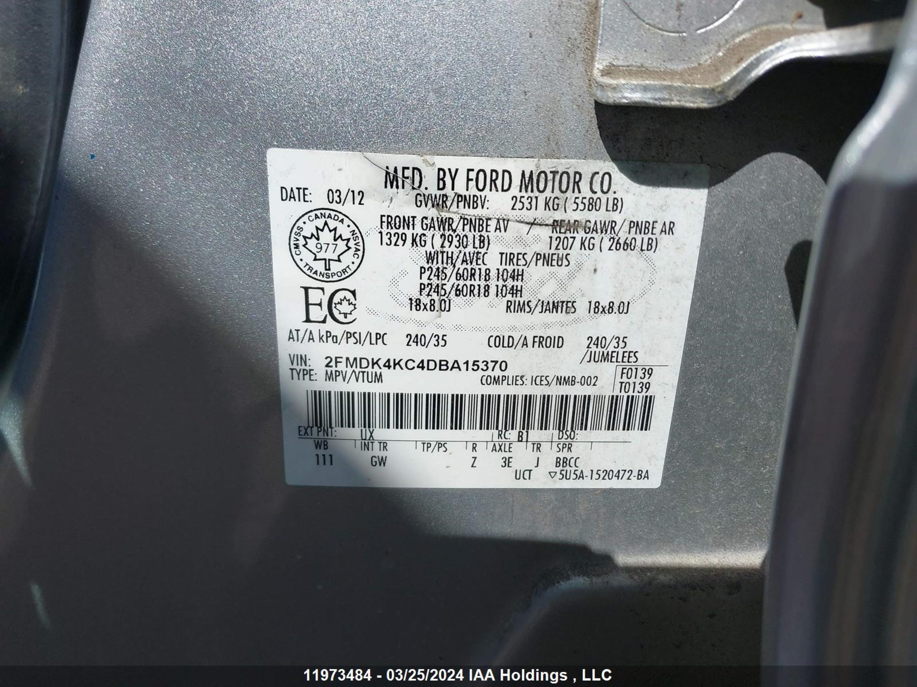 Photo 8 VIN: 2FMDK4KC4DBA15370 - FORD EDGE 