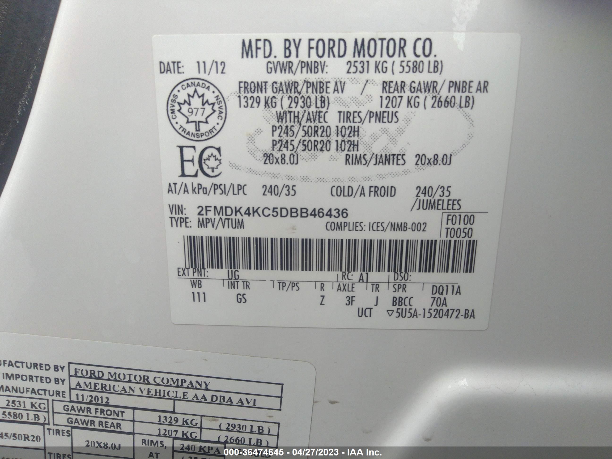 Photo 8 VIN: 2FMDK4KC5DBB46436 - FORD EDGE 