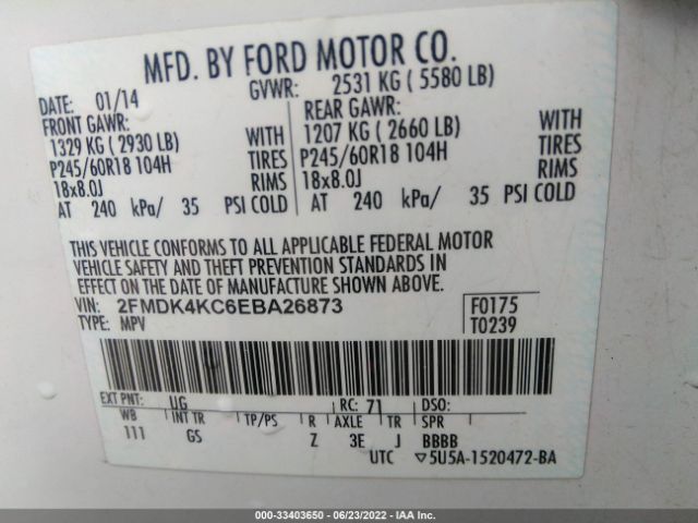 Photo 8 VIN: 2FMDK4KC6EBA26873 - FORD EDGE 