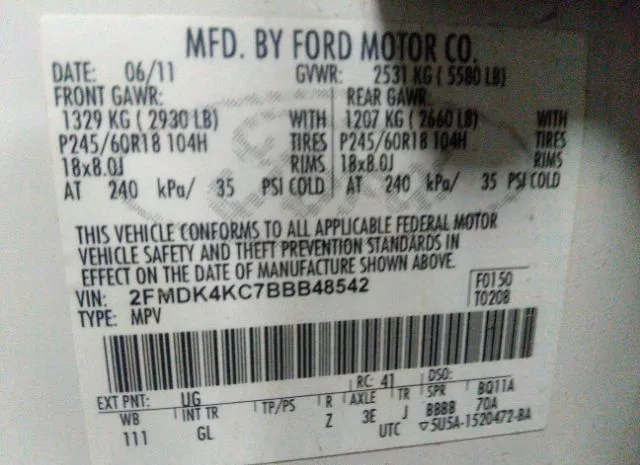 Photo 8 VIN: 2FMDK4KC7BBB48542 - FORD EDGE 