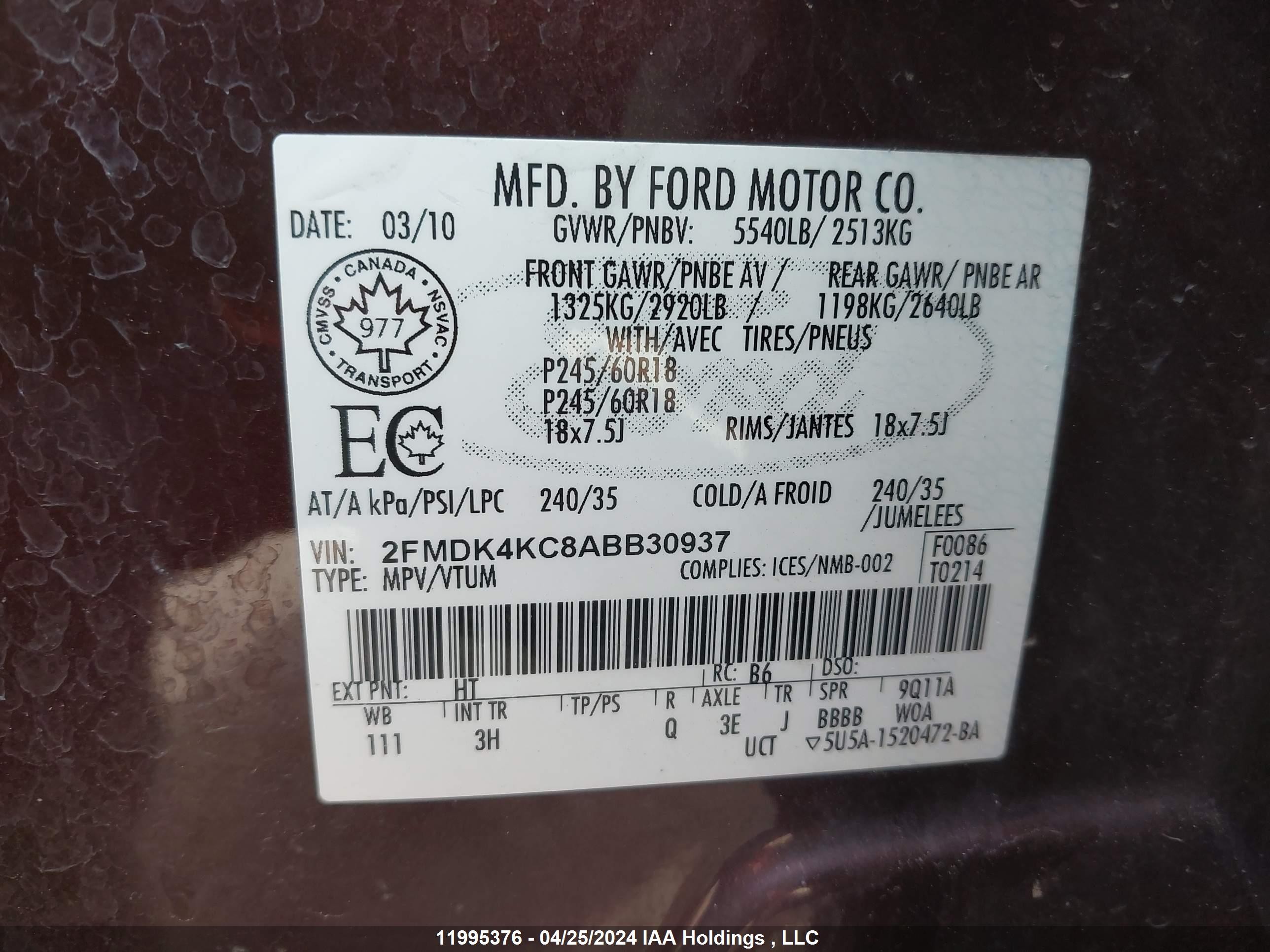 Photo 8 VIN: 2FMDK4KC8ABB30937 - FORD EDGE 