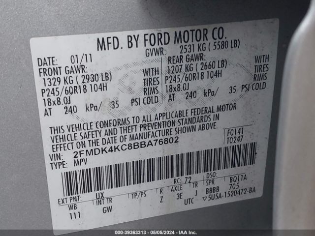 Photo 8 VIN: 2FMDK4KC8BBA76802 - FORD EDGE 