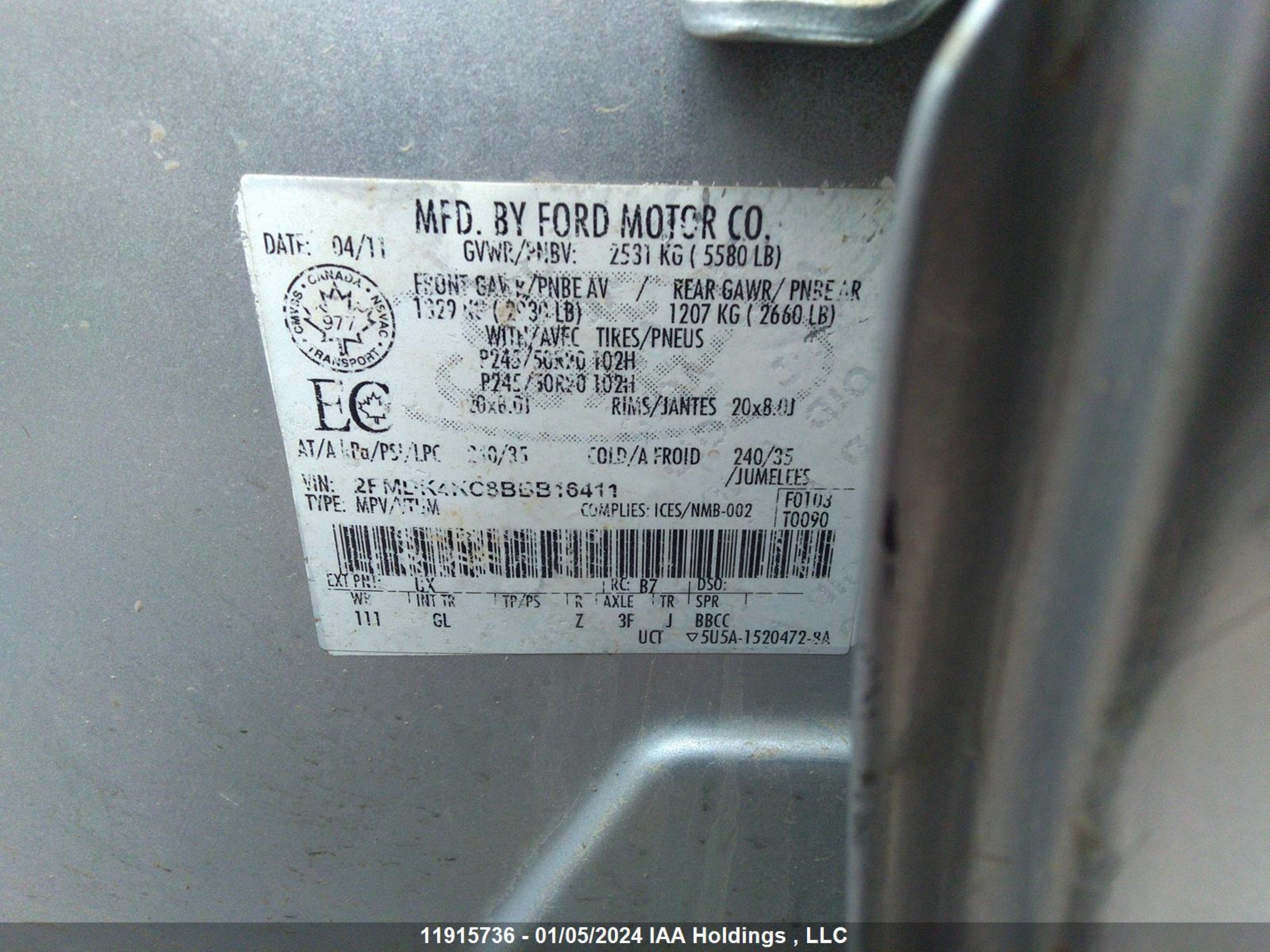 Photo 8 VIN: 2FMDK4KC8BBB16411 - FORD EDGE 