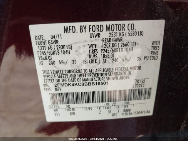 Photo 8 VIN: 2FMDK4KC8BBB18501 - FORD EDGE 