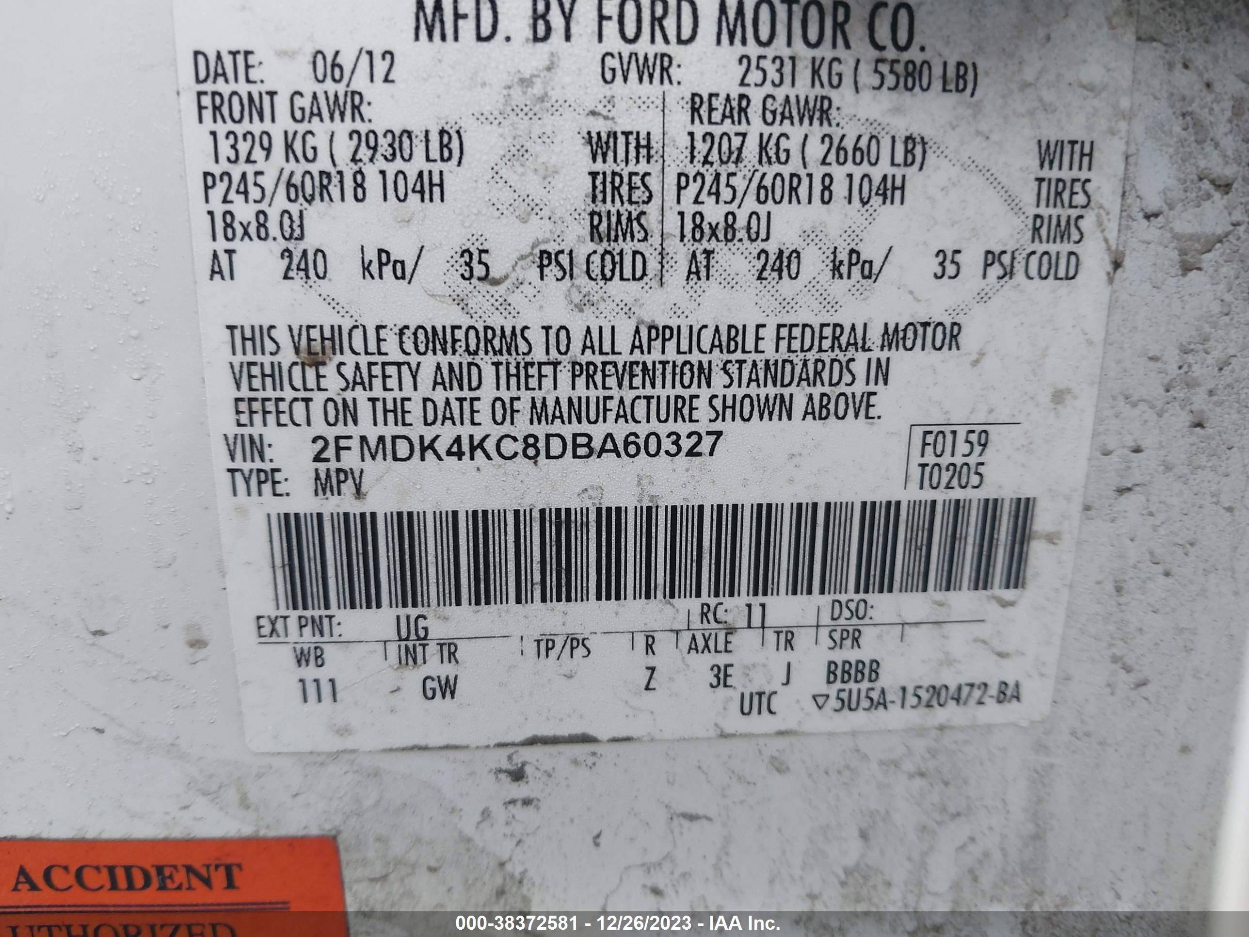 Photo 8 VIN: 2FMDK4KC8DBA60327 - FORD EDGE 