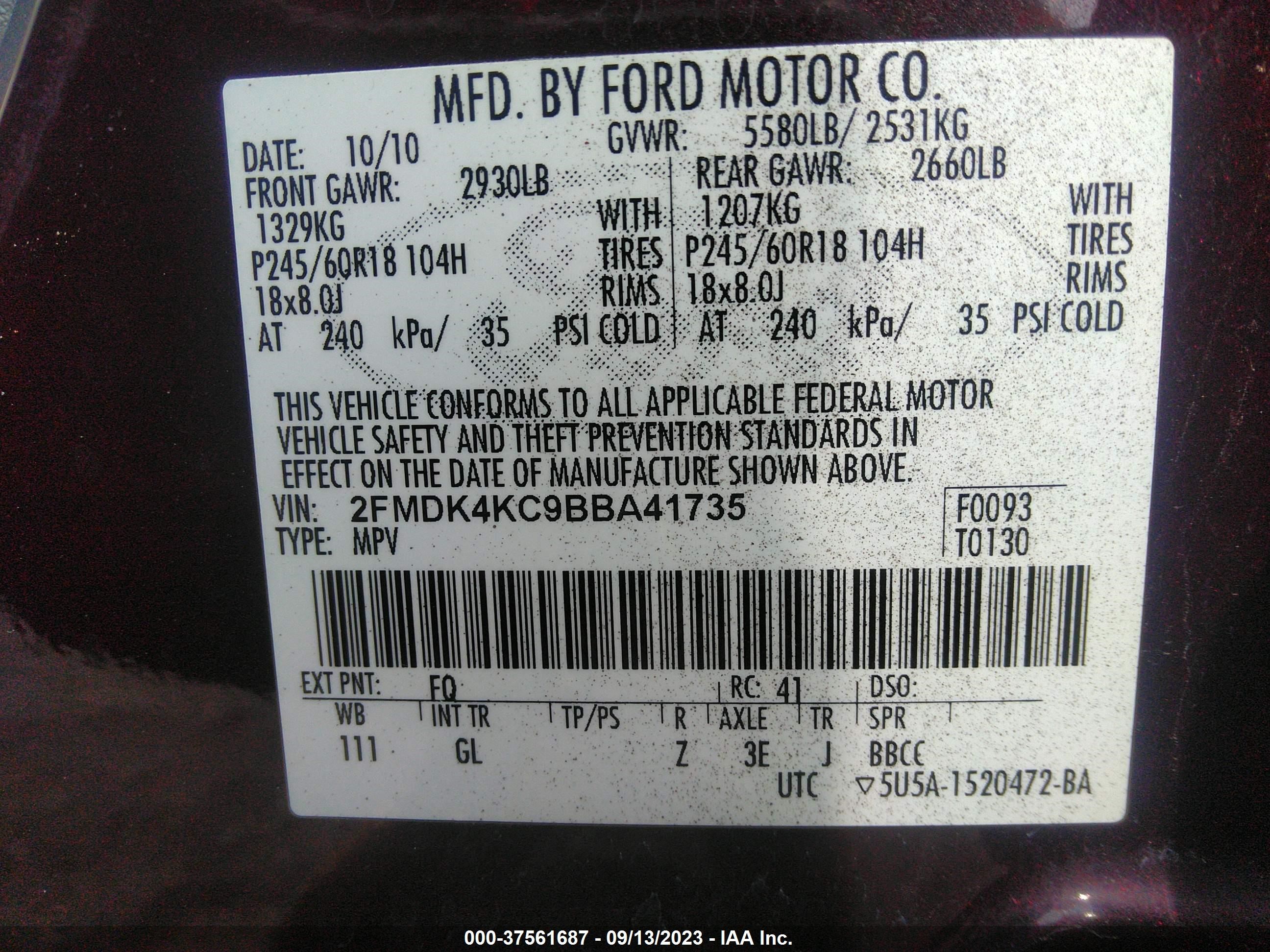 Photo 8 VIN: 2FMDK4KC9BBA41735 - FORD EDGE 