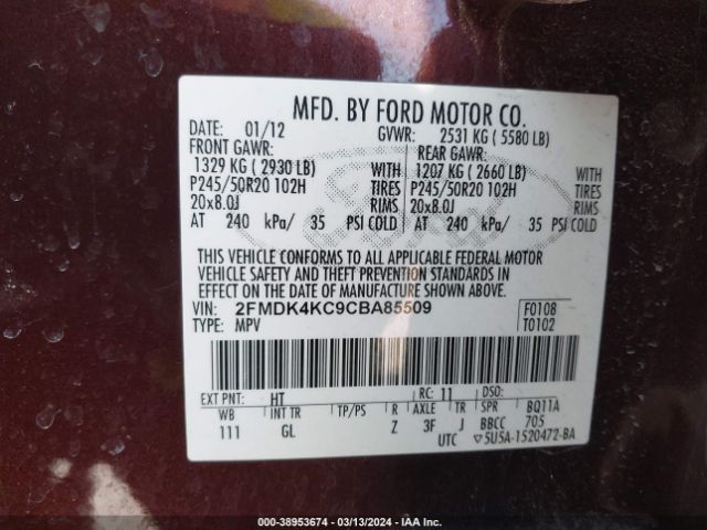 Photo 8 VIN: 2FMDK4KC9CBA85509 - FORD EDGE 