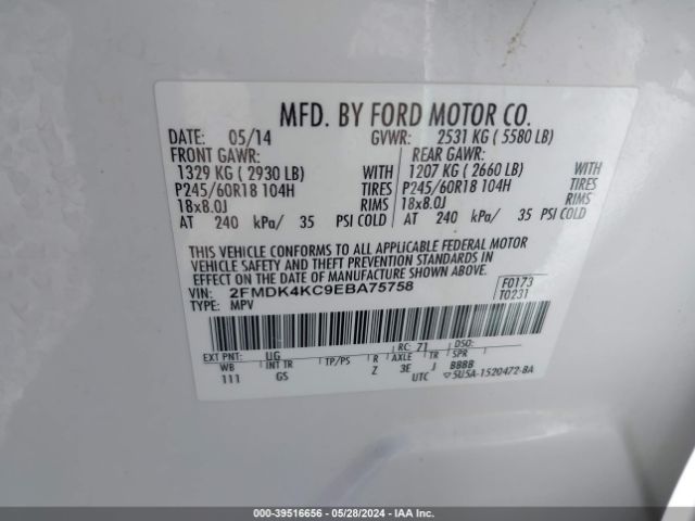 Photo 8 VIN: 2FMDK4KC9EBA75758 - FORD EDGE 