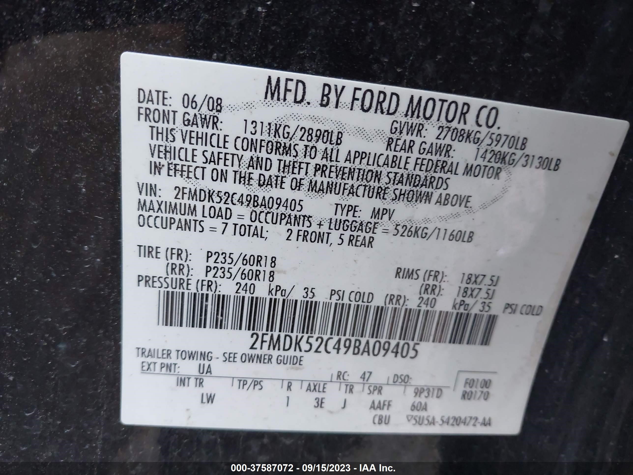 Photo 8 VIN: 2FMDK52C49BA09405 - FORD FLEX 