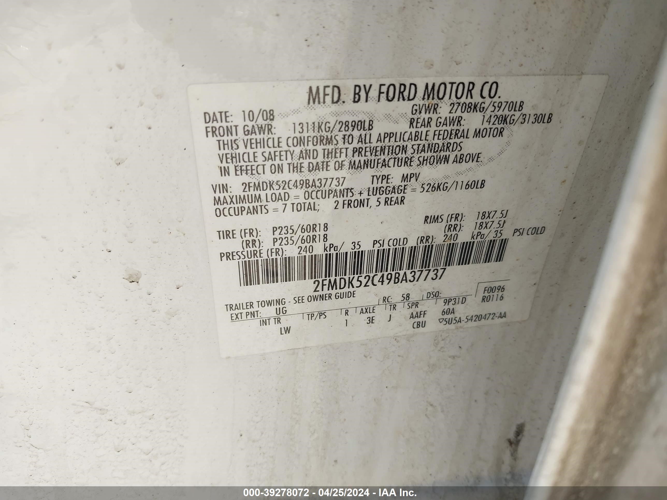 Photo 8 VIN: 2FMDK52C49BA37737 - FORD FLEX 