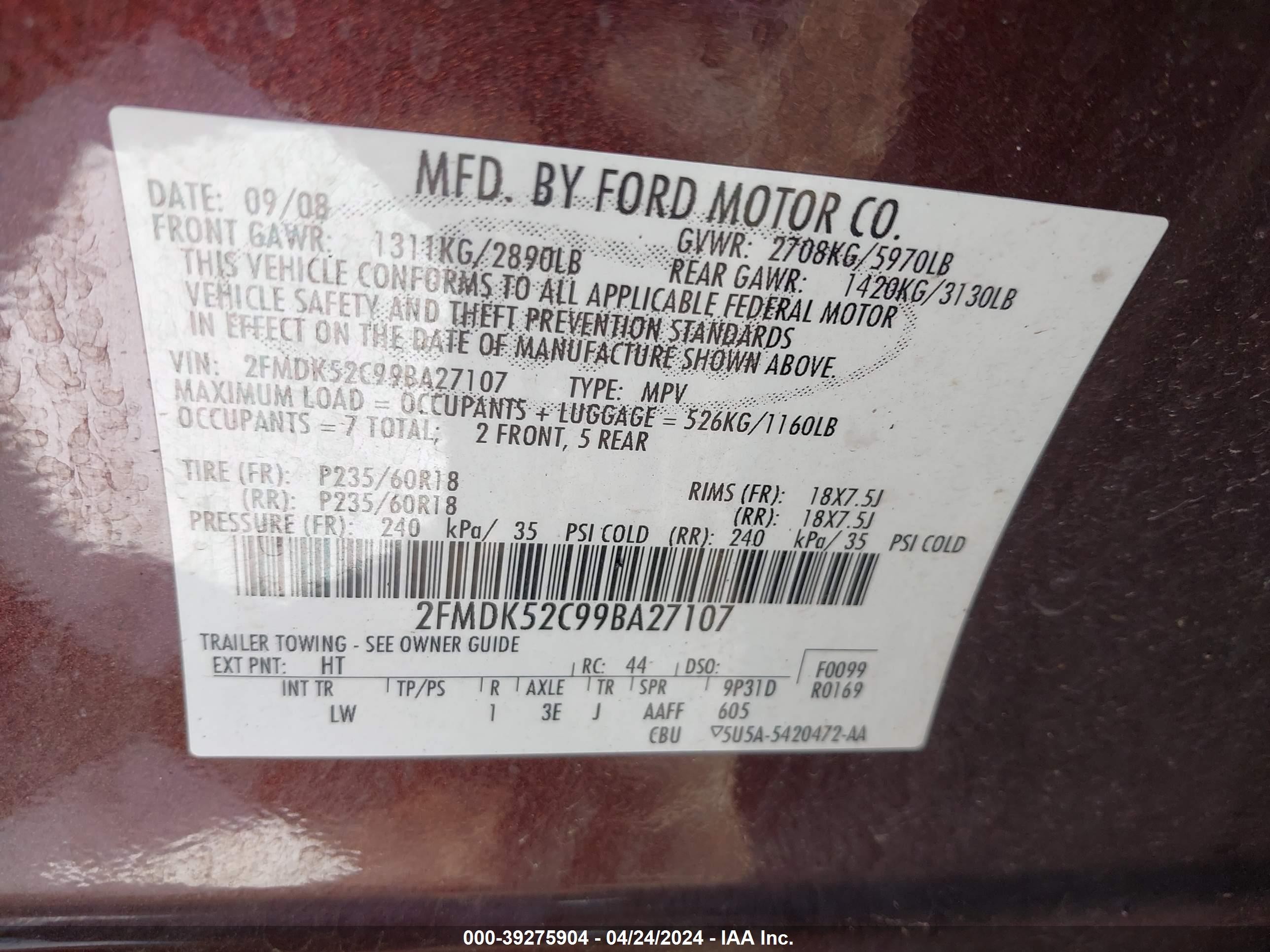 Photo 8 VIN: 2FMDK52C99BA27107 - FORD FLEX 