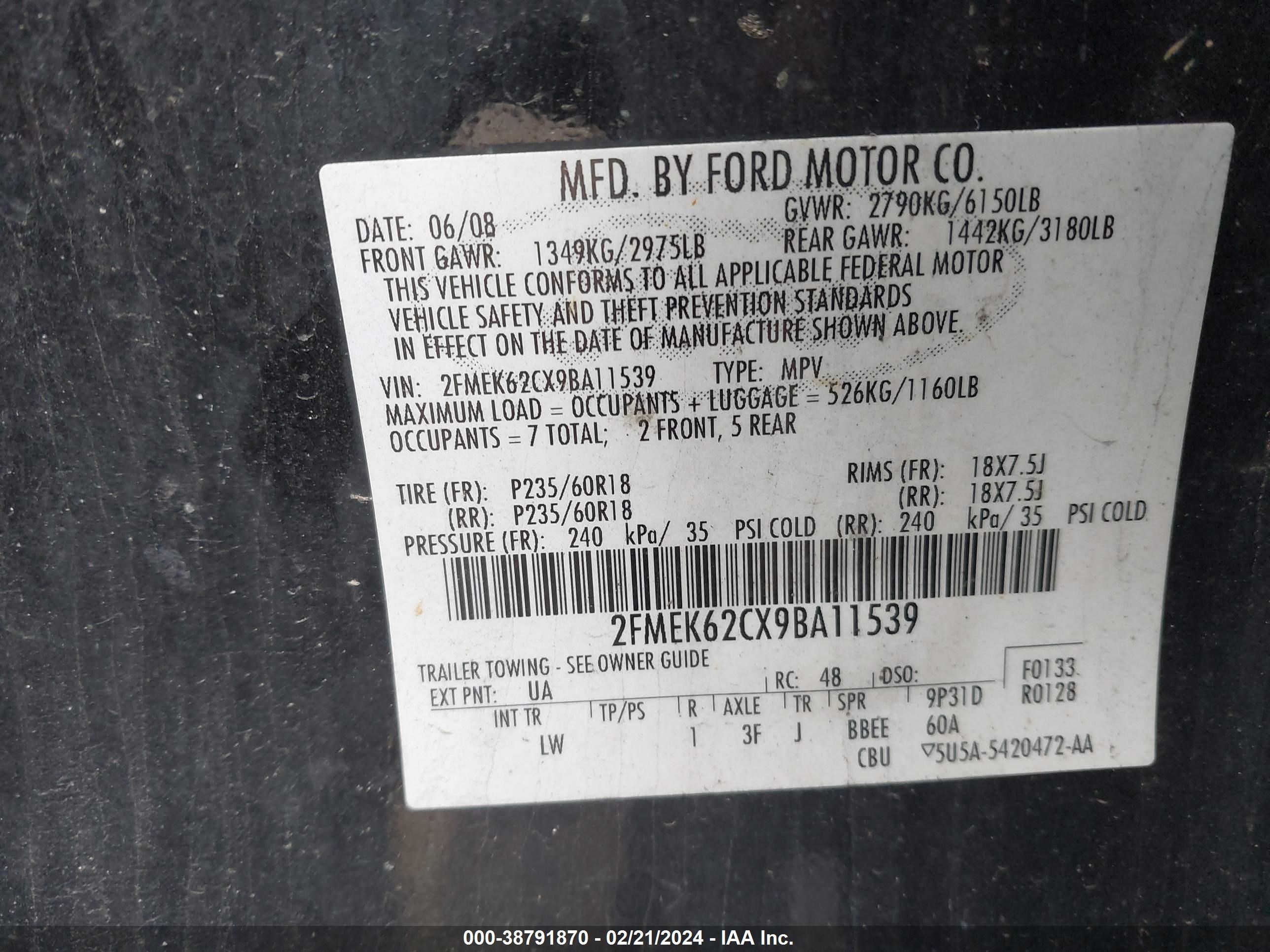 Photo 8 VIN: 2FMEK62CX9BA11539 - FORD FLEX 