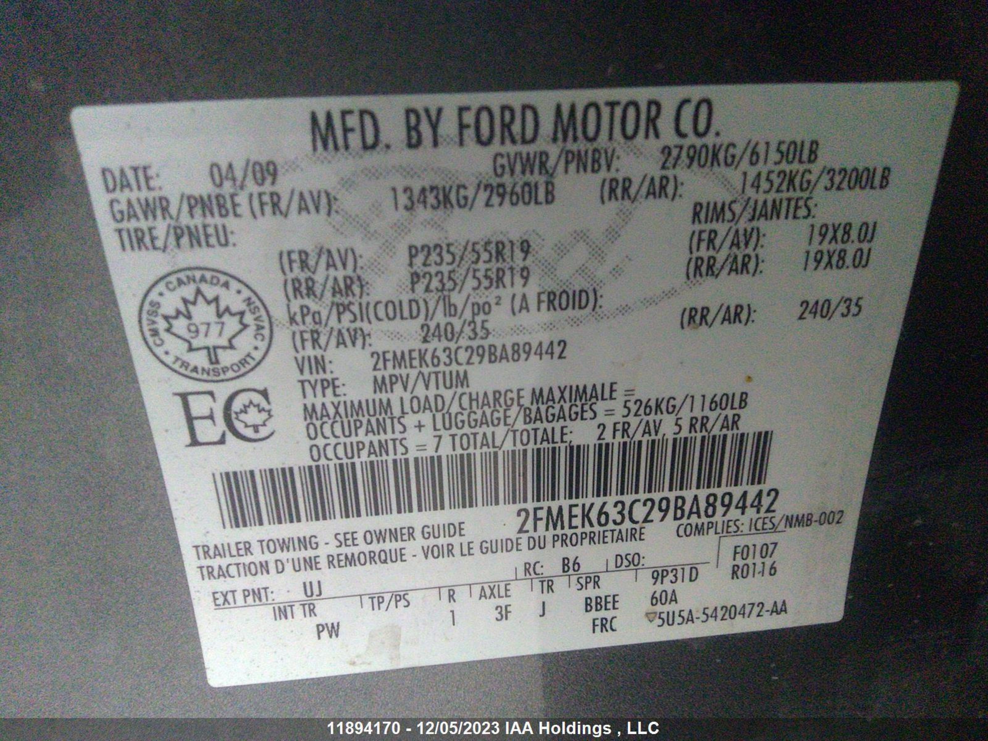 Photo 8 VIN: 2FMEK63C29BA89442 - FORD FLEX 