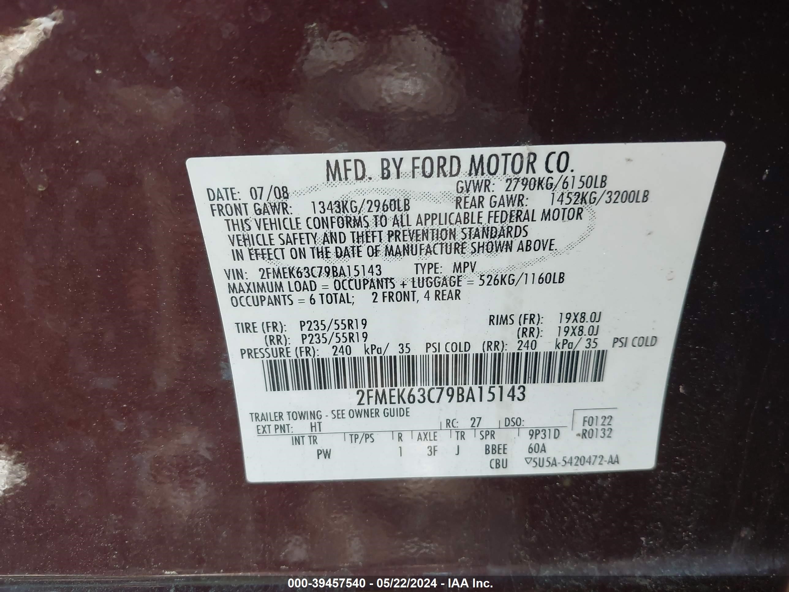 Photo 8 VIN: 2FMEK63C79BA15143 - FORD FLEX 