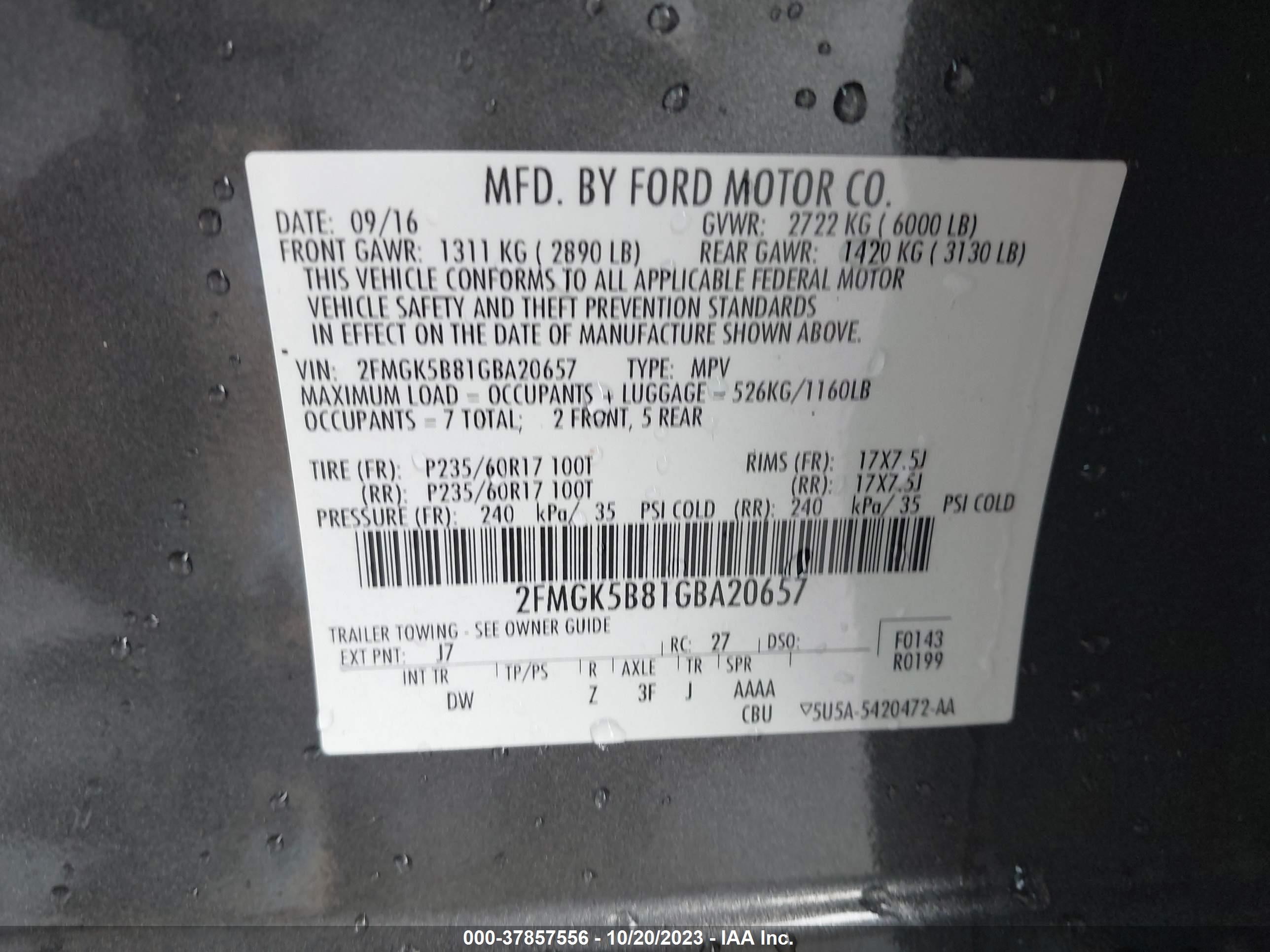 Photo 8 VIN: 2FMGK5B81GBA20657 - FORD FLEX 