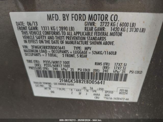 Photo 8 VIN: 2FMGK5B82EBD05641 - FORD FLEX 