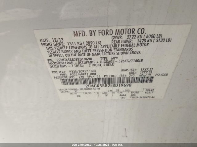 Photo 8 VIN: 2FMGK5B82EBD19698 - FORD FLEX 