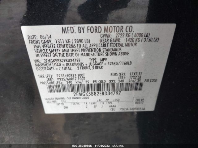 Photo 8 VIN: 2FMGK5B82EBD34797 - FORD FLEX 