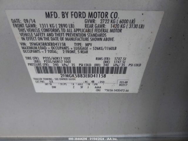 Photo 8 VIN: 2FMGK5B83EBD41158 - FORD FLEX 