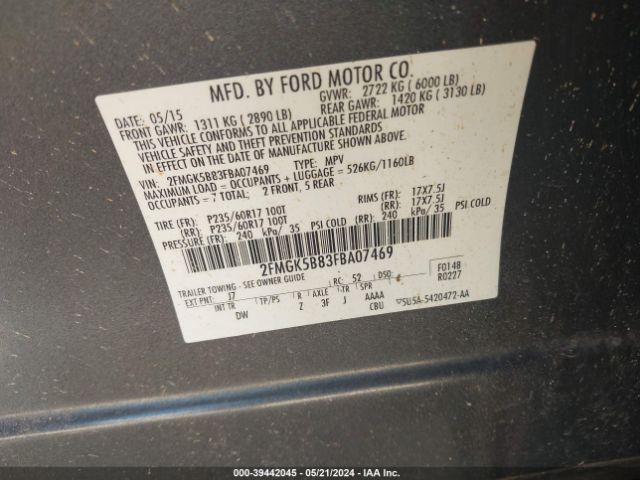 Photo 8 VIN: 2FMGK5B83FBA07469 - FORD FLEX 