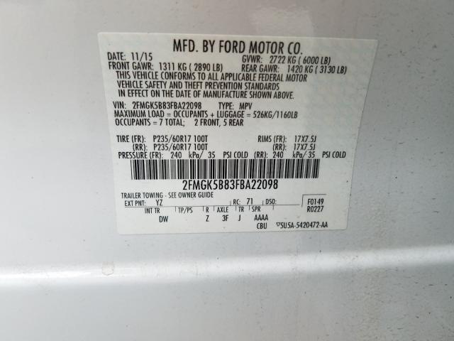 Photo 9 VIN: 2FMGK5B83FBA22098 - FORD FLEX SE 