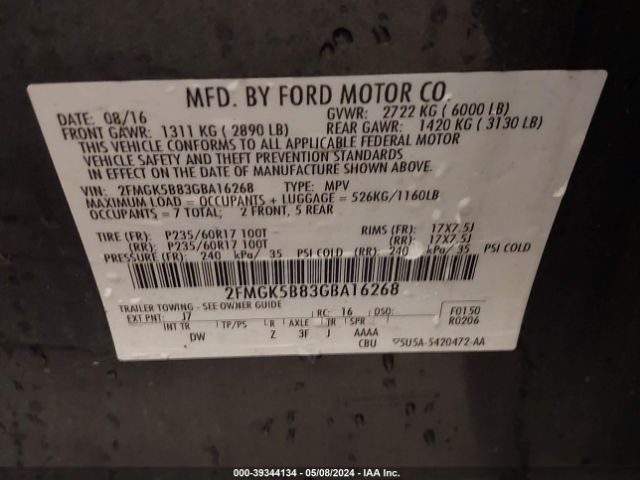 Photo 8 VIN: 2FMGK5B83GBA16268 - FORD FLEX 