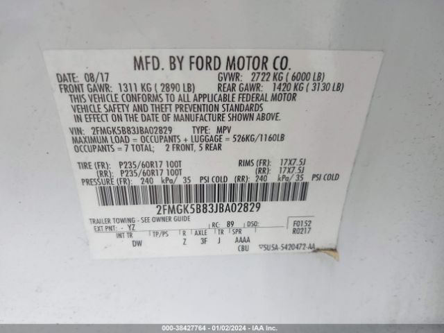 Photo 8 VIN: 2FMGK5B83JBA02829 - FORD FLEX 