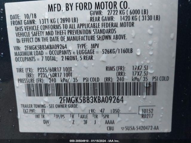 Photo 8 VIN: 2FMGK5B83KBA09264 - FORD FLEX 