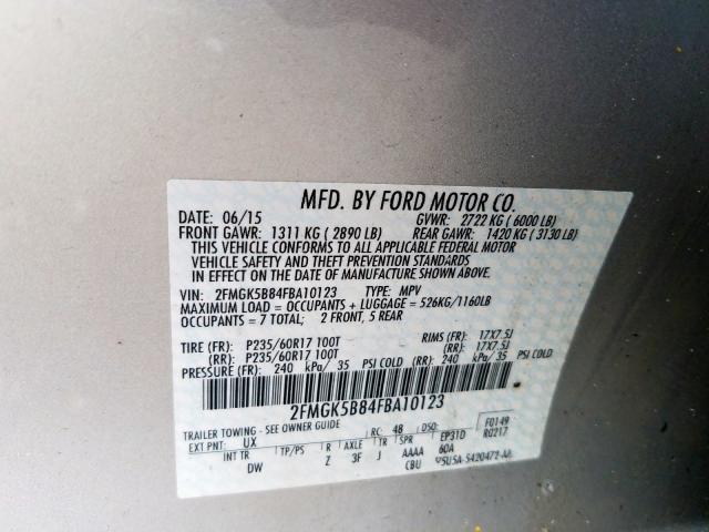 Photo 9 VIN: 2FMGK5B84FBA10123 - FORD FLEX SE 