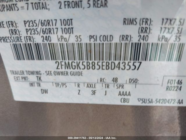 Photo 8 VIN: 2FMGK5B85EBD43557 - FORD FLEX 