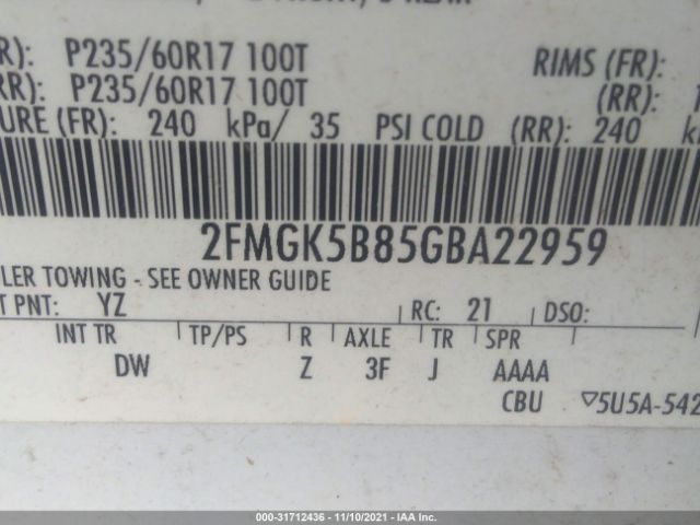 Photo 8 VIN: 2FMGK5B85GBA22959 - FORD FLEX 