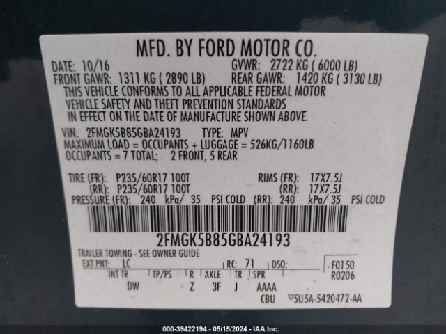 Photo 8 VIN: 2FMGK5B85GBA24193 - FORD FLEX 