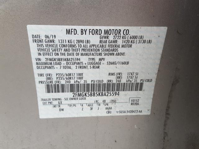 Photo 9 VIN: 2FMGK5B85KBA25594 - FORD FLEX SE 