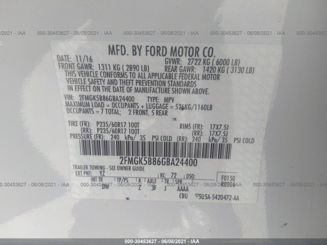 Photo 8 VIN: 2FMGK5B86GBA24400 - FORD FLEX 