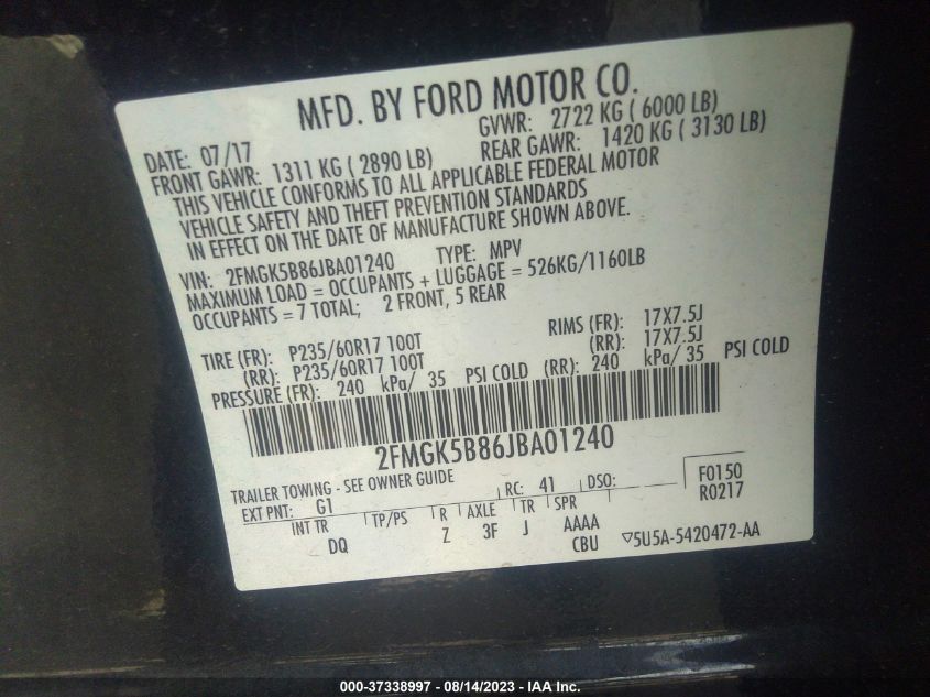 Photo 8 VIN: 2FMGK5B86JBA01240 - FORD FLEX 