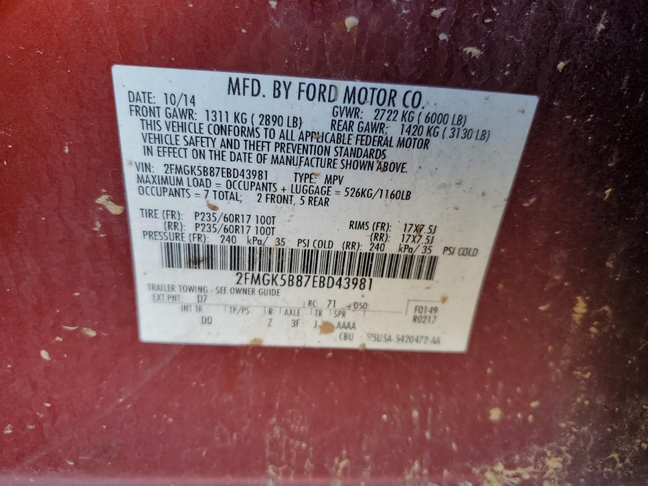 Photo 12 VIN: 2FMGK5B87EBD43981 - FORD FLEX 