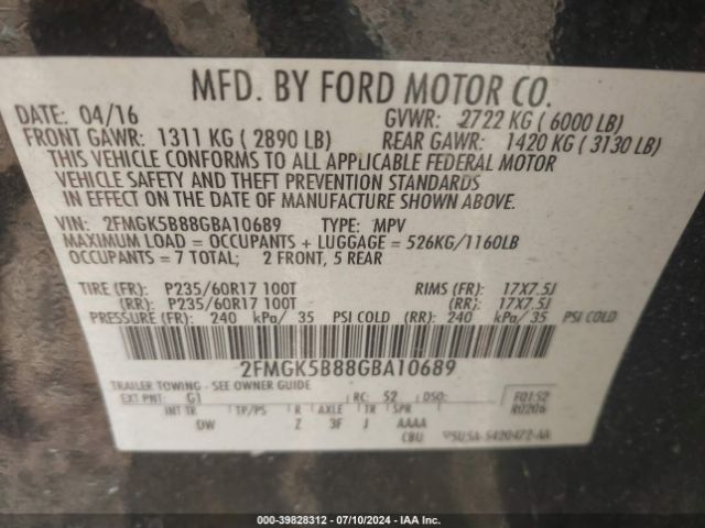 Photo 8 VIN: 2FMGK5B88GBA10689 - FORD FLEX 