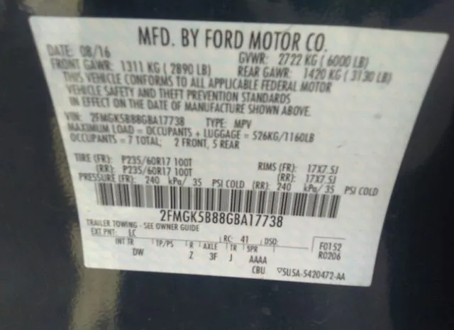 Photo 8 VIN: 2FMGK5B88GBA17738 - FORD FLEX 