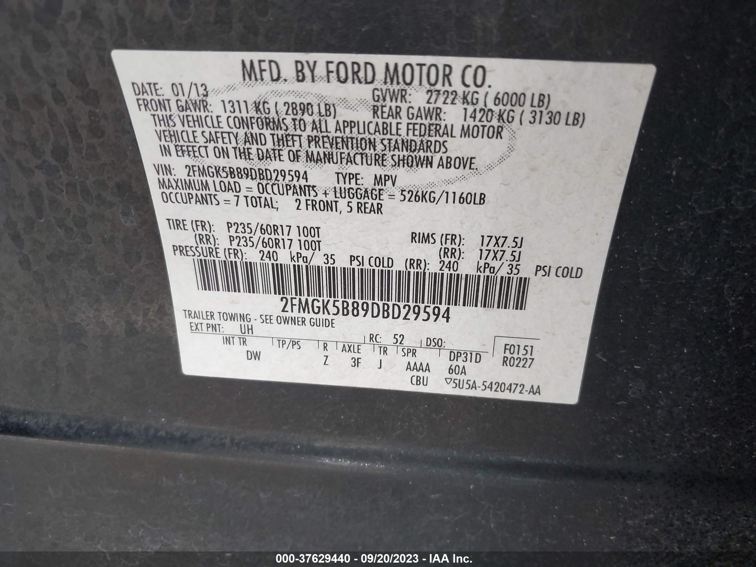 Photo 8 VIN: 2FMGK5B89DBD29594 - FORD FLEX 