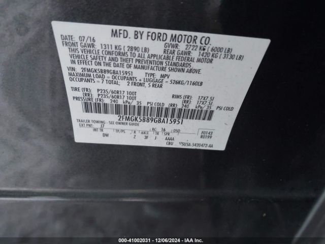 Photo 8 VIN: 2FMGK5B89GBA15951 - FORD FLEX 