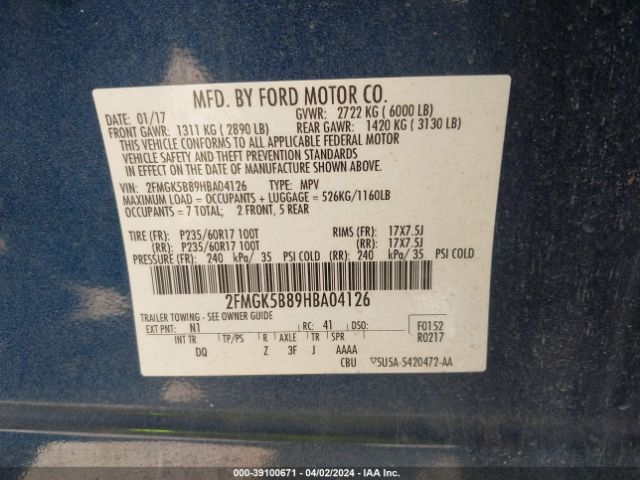 Photo 8 VIN: 2FMGK5B89HBA04126 - FORD FLEX 