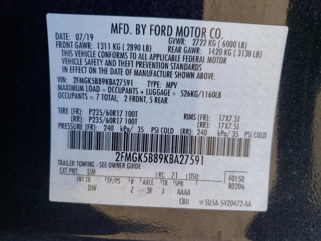 Photo 13 VIN: 2FMGK5B89KBA27591 - FORD FLEX 