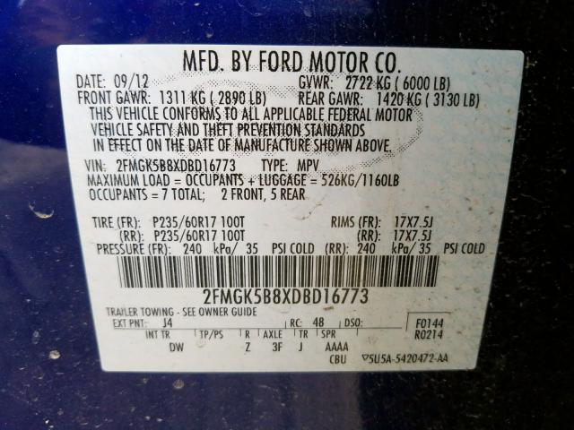 Photo 9 VIN: 2FMGK5B8XDBD16773 - FORD FLEX SE 