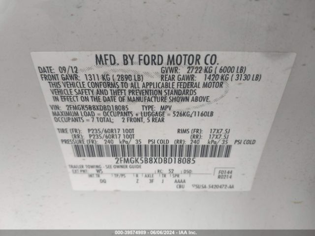 Photo 8 VIN: 2FMGK5B8XDBD18085 - FORD FLEX 