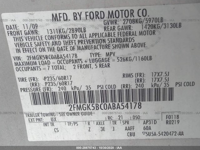 Photo 8 VIN: 2FMGK5BC0ABA54178 - FORD FLEX 