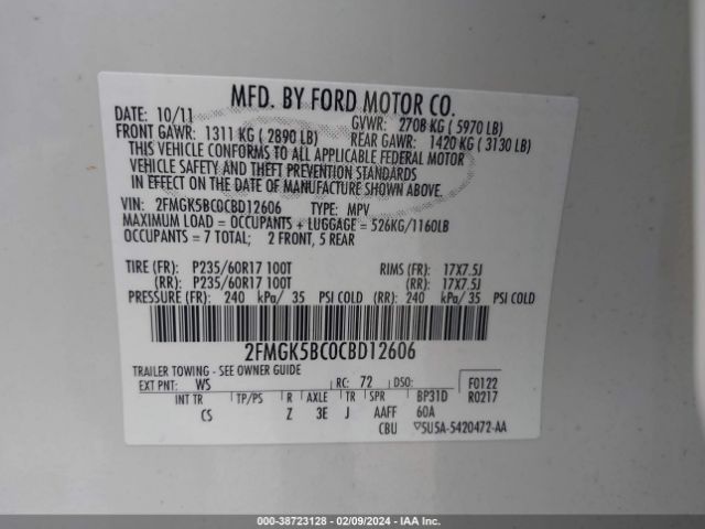 Photo 8 VIN: 2FMGK5BC0CBD12606 - FORD FLEX 