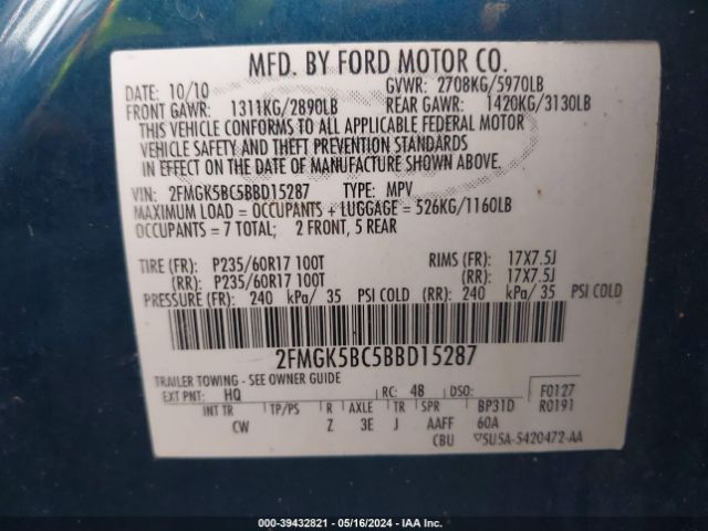 Photo 8 VIN: 2FMGK5BC5BBD15287 - FORD FLEX 