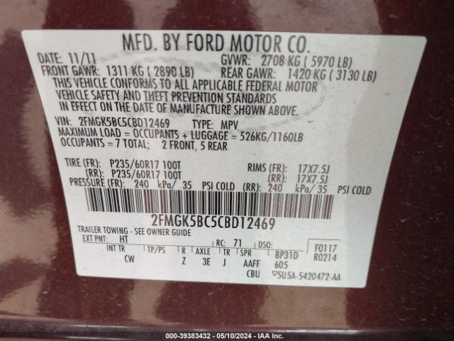 Photo 8 VIN: 2FMGK5BC5CBD12469 - FORD FLEX 