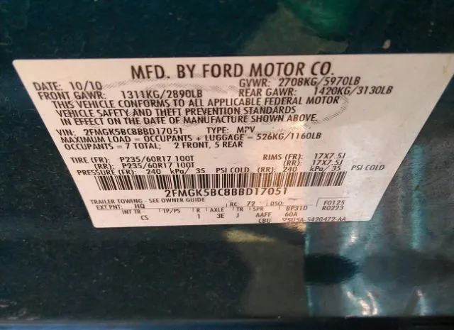 Photo 8 VIN: 2FMGK5BC8BBD17051 - FORD FLEX 