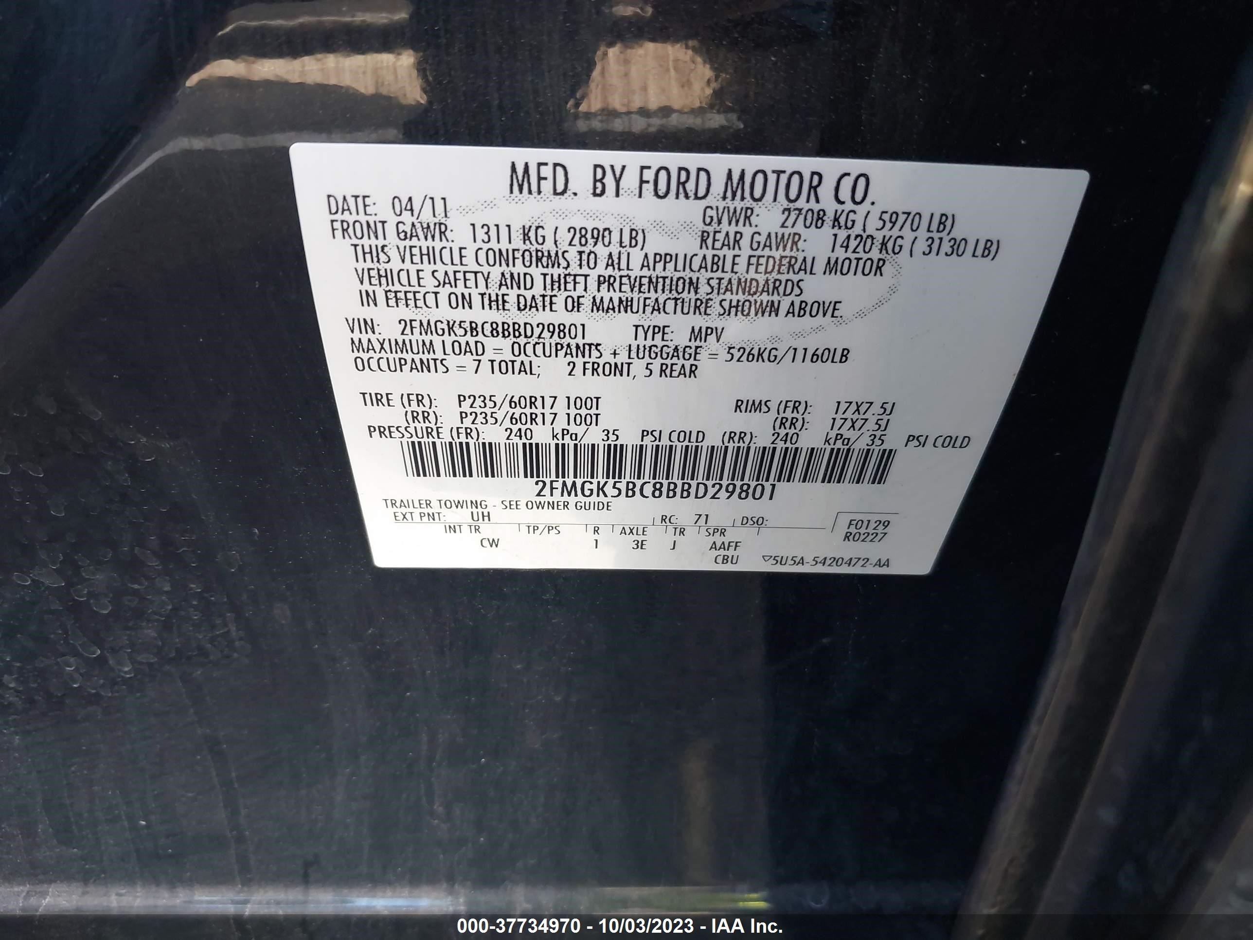 Photo 8 VIN: 2FMGK5BC8BBD29801 - FORD FLEX 